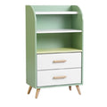 Moderne groene boekenplank met lades en open planken