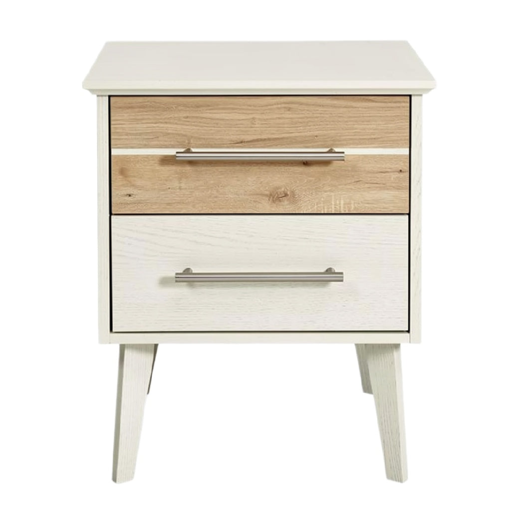 "Moderne nachttafel met houtlook en metalen handgrepen"