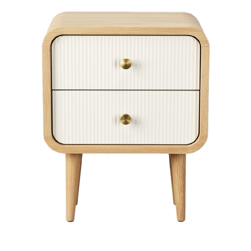 Moderne nachtkast met twee lades en houtlook afwerking