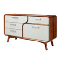 Moderne houten dressoir met witte lades en afgeronde hoeken