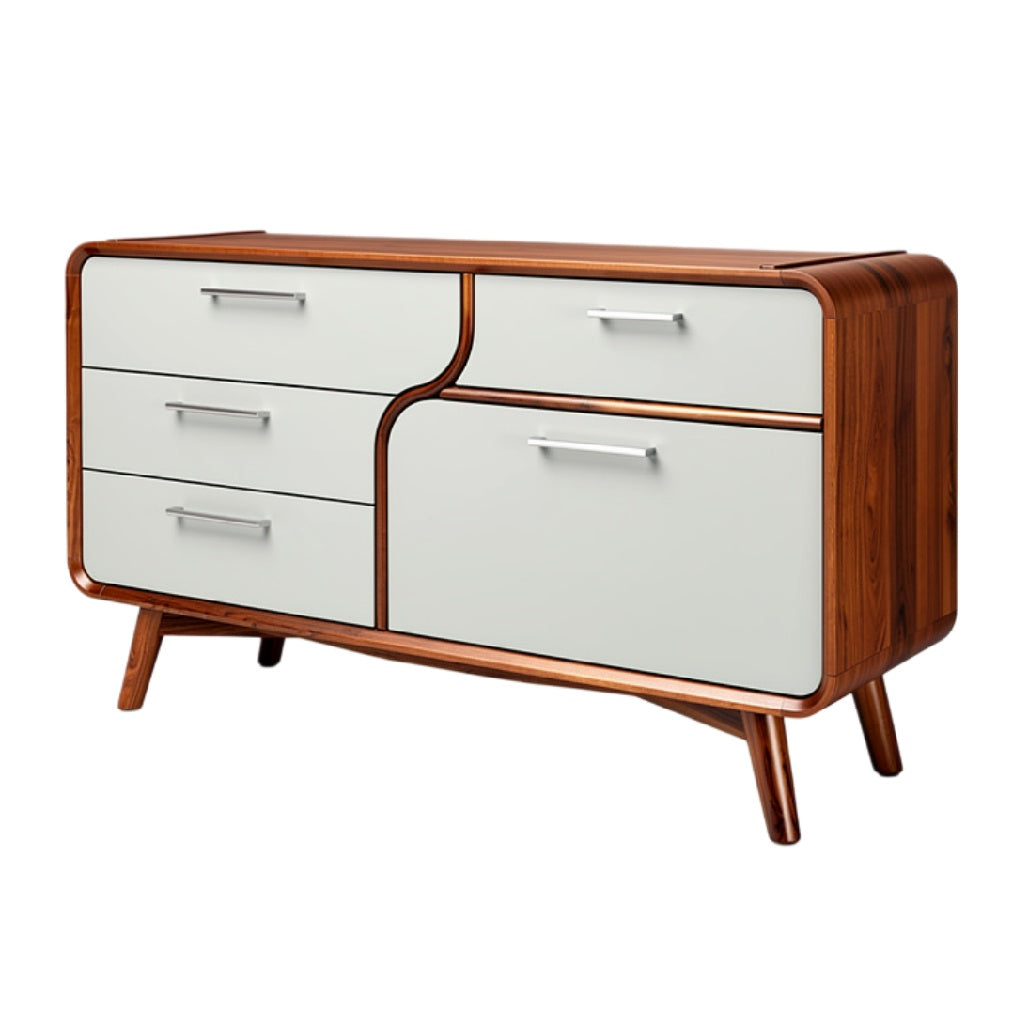 Moderne houten dressoir met witte lades en afgeronde hoeken